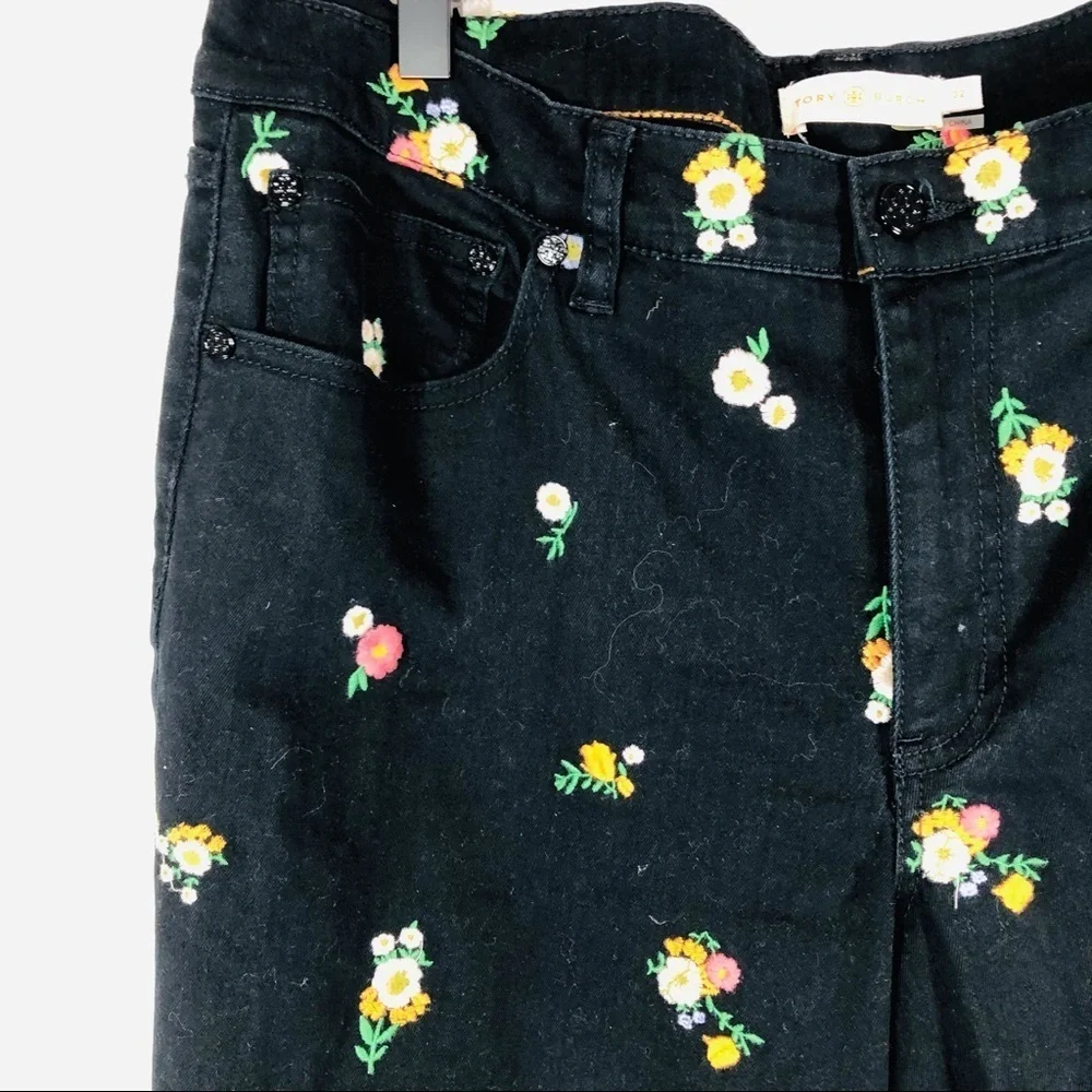 🔥 Tory Burch black Brindle Skinny Capri floral denim jeans sz32 NWOT